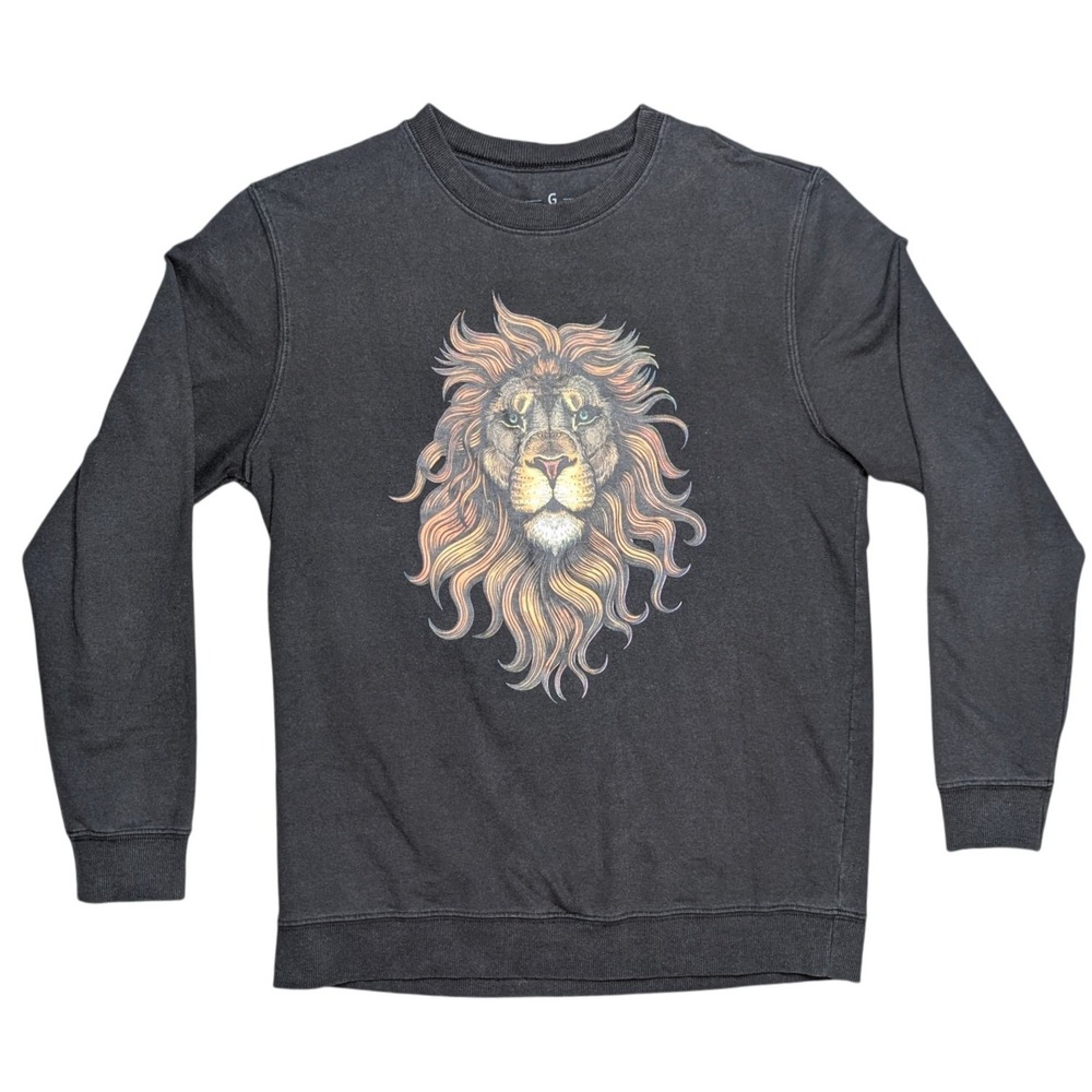 Flecha Large Black Long Sleeve Lion Head Graphic Pullover Crew Neck Sweater
